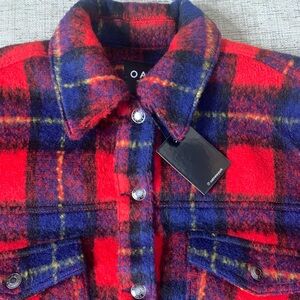 NWT OAT New York Flannel-Style Cropped Jacket in Red/Blue Plaid, Size Medium
